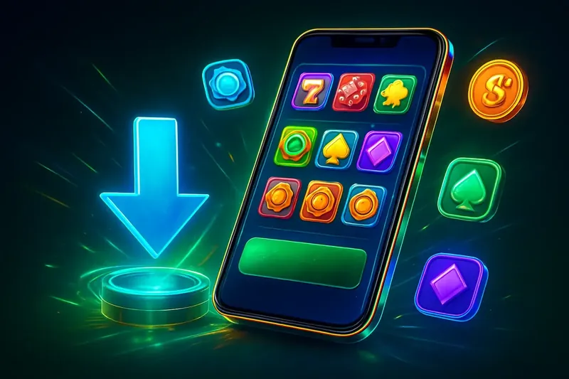 Glossy smartphone casino app banner with neon download icon and glowing tiles