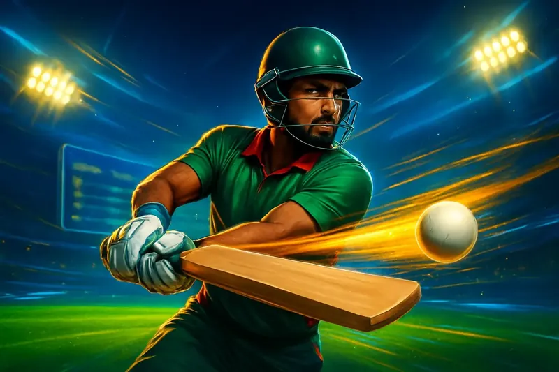 Cricket batter striking ball under stadium lights in dynamic sportsbook banner