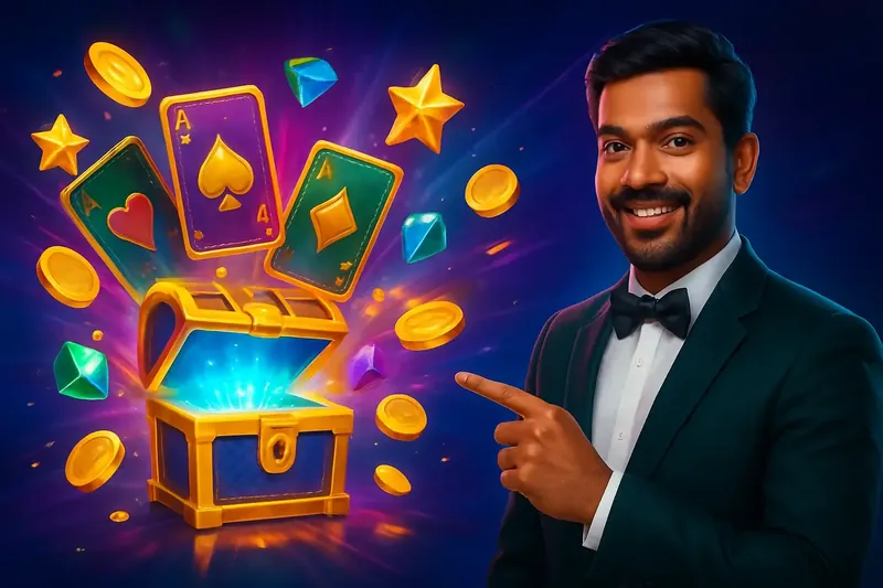 Glowing reward chest with cards, coins, gems, and stars bursting out