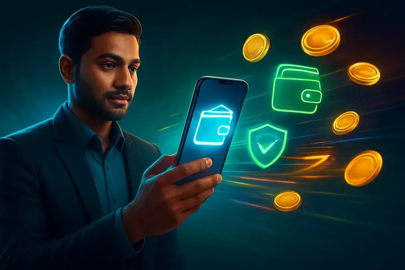 Hand holding smartphone with secure mobile wallet, coins, and speed light trails