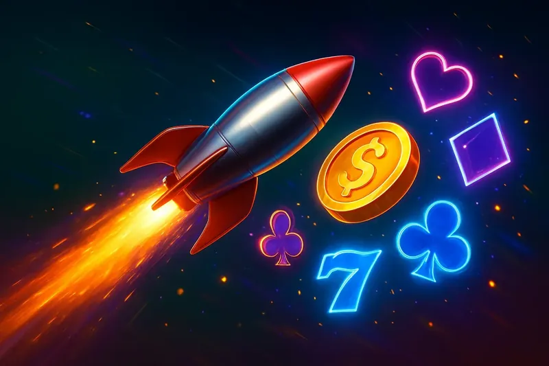 Rocket Speed Launch Glossy rocket launch casino banner with neon trail and game particles