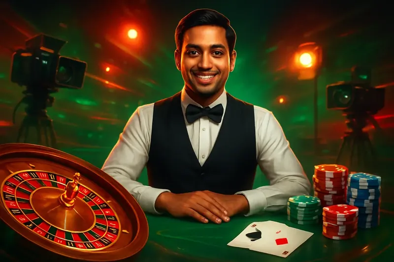Friendly professional live dealer with roulette, cards, chips, and studio lights