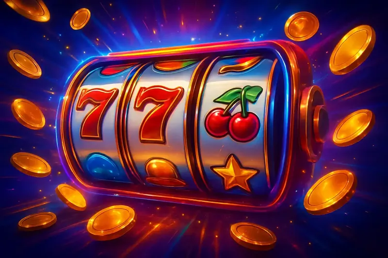 Colorful spinning slot machine with coins, sparkles, and neon casino glow